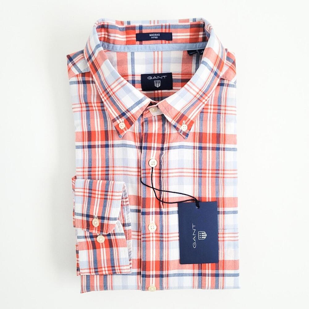 NEW Gant Sportswear Fitted Casual Tartan Plaid Button Down Shirt Burnt Orange XL